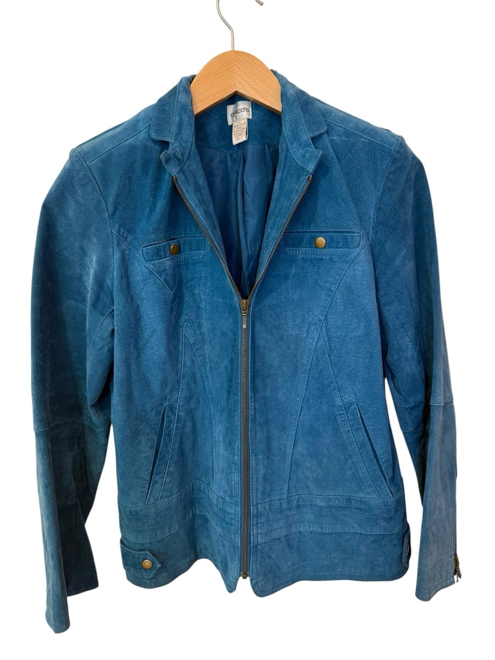 Chico's Genuine Suede Leather Moto Jacket Teal Blue Zip Front Size 2 (L)